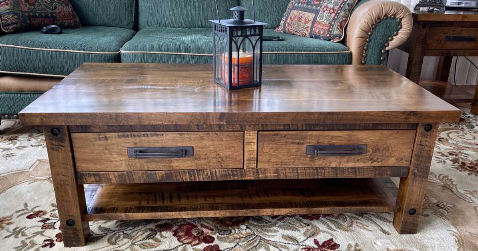 Wormy Maple Adirondack Coffee Table 2 Drawers & Shelf